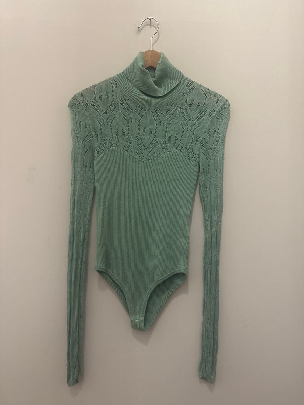 Free People Pretty in Pointelle Green Bodysuit Small Turtleneck Lace Crochet
